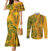 Africa Dashiki Couples Matching Mermaid Dress and Long Sleeve Button Shirts African Tribal Art Mixed Polynesian Tattoo Gold Color Unique LT9 Gold - Polynesian Pride