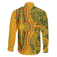 Africa Dashiki Family Matching Long Sleeve Bodycon Dress and Hawaiian Shirt African Tribal Art Mixed Polynesian Tattoo Gold Color Unique LT9 - Polynesian Pride