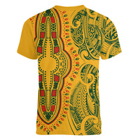 Africa Dashiki Women V Neck T Shirt African Tribal Art Mixed Polynesian Tattoo Gold Color Unique LT9 - Polynesian Pride