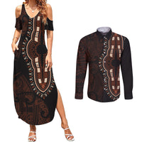 Africa Dashiki Couples Matching Summer Maxi Dress and Long Sleeve Button Shirts African Tribal Art Mixed Polynesian Tattoo Red Color Unique LT9 Red - Polynesian Pride
