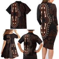 Africa Dashiki Family Matching Long Sleeve Bodycon Dress and Hawaiian Shirt African Tribal Art Mixed Polynesian Tattoo Red Color Unique LT9 - Polynesian Pride