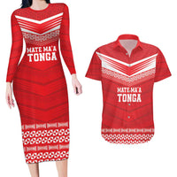 Custom Mate Ma'a Tonga Heritage Couples Matching Long Sleeve Bodycon Dress and Hawaiian Shirt Pacific Tribal Rugby Red Edition - Polynesian Pride