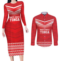 Custom Mate Ma'a Tonga Heritage Couples Matching Long Sleeve Bodycon Dress and Long Sleeve Button Shirt Pacific Tribal Rugby Red Edition LT9 Red - Polynesian Pride