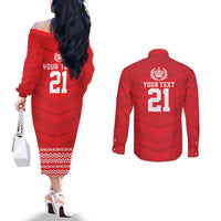 Custom Mate Ma'a Tonga Heritage Couples Matching Off The Shoulder Long Sleeve Dress and Long Sleeve Button Shirt Pacific Tribal Rugby Red Edition LT9 - Polynesian Pride