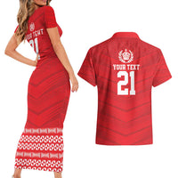Custom Mate Ma'a Tonga Heritage Couples Matching Short Sleeve Bodycon Dress and Hawaiian Shirt Pacific Tribal Rugby Red Edition - Polynesian Pride