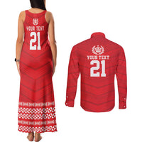Custom Mate Ma'a Tonga Heritage Couples Matching Tank Maxi Dress and Long Sleeve Button Shirt Pacific Tribal Rugby Red Edition LT9 - Polynesian Pride