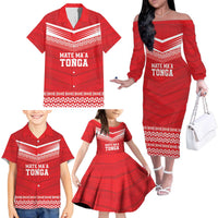 Custom Mate Ma'a Tonga Heritage Family Matching Off The Shoulder Long Sleeve Dress and Hawaiian Shirt Pacific Tribal Rugby Red Edition - Polynesian Pride