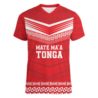 Custom Mate Ma'a Tonga Heritage Women V-Neck T-Shirt Pacific Tribal Rugby Red Edition - Polynesian Pride