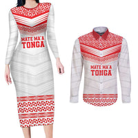 Custom Mate Ma'a Tonga Heritage Couples Matching Long Sleeve Bodycon Dress and Long Sleeve Button Shirt Pacific Tribal Rugby White Edition LT9 White - Polynesian Pride