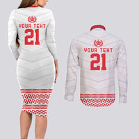 Custom Mate Ma'a Tonga Heritage Couples Matching Long Sleeve Bodycon Dress and Long Sleeve Button Shirt Pacific Tribal Rugby White Edition LT9 - Polynesian Pride