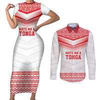 Custom Mate Ma'a Tonga Heritage Couples Matching Short Sleeve Bodycon Dress and Long Sleeve Button Shirt Pacific Tribal Rugby White Edition LT9 White - Polynesian Pride