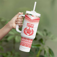 Custom Mate Ma'a Tonga Heritage Tumbler With Handle Pacific Tribal Rugby White Edition - Polynesian Pride