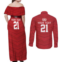 Custom Pacific Rugby Spirit Couples Matching Off Shoulder Maxi Dress and Long Sleeve Button Shirt Tonga Ngatu Pride Red Edition - Polynesian Pride