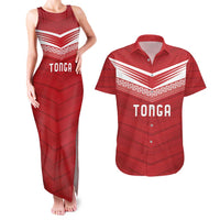 Custom Pacific Rugby Spirit Couples Matching Tank Maxi Dress and Hawaiian Shirt Tonga Ngatu Pride Red Edition - Polynesian Pride