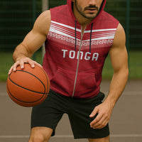 Custom Pacific Rugby Spirit Sleeveless Zip Hoodie Tonga Ngatu Pride Red Edition LT9 - Polynesian Pride
