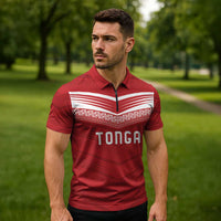 Custom Pacific Rugby Spirit Zipper Polo Shirt Tonga Ngatu Pride Red Edition - Polynesian Pride