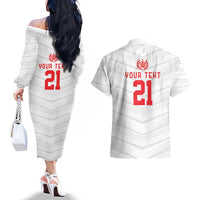 Custom Pacific Rugby Spirit Couples Matching Off The Shoulder Long Sleeve Dress and Hawaiian Shirt Tonga Ngatu Pride White Edition - Polynesian Pride
