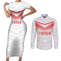 Custom Pacific Rugby Spirit Couples Matching Short Sleeve Bodycon Dress and Long Sleeve Button Shirt Tonga Ngatu Pride White Edition - Polynesian Pride