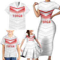 Custom Pacific Rugby Spirit Family Matching Short Sleeve Bodycon Dress and Hawaiian Shirt Tonga Ngatu Pride White Edition - Polynesian Pride