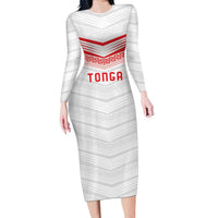 Custom Pacific Rugby Spirit Long Sleeve Bodycon Dress Tonga Ngatu Pride White Edition - Polynesian Pride