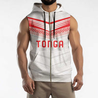 Custom Pacific Rugby Spirit Sleeveless Zip Hoodie Tonga Ngatu Pride White Edition LT9 - Polynesian Pride