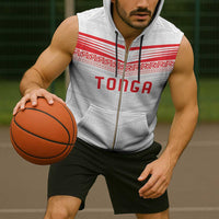 Custom Pacific Rugby Spirit Sleeveless Zip Hoodie Tonga Ngatu Pride White Edition LT9 - Polynesian Pride