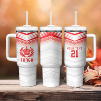 Custom Pacific Rugby Spirit Tumbler With Handle Tonga Ngatu Pride White Edition - Polynesian Pride