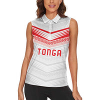 Custom Pacific Rugby Spirit Women Sleeveless Polo Shirt Tonga Ngatu Pride White Edition - Polynesian Pride