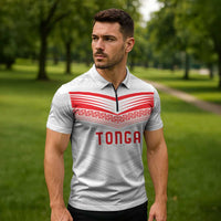 Custom Pacific Rugby Spirit Zipper Polo Shirt Tonga Ngatu Pride White Edition - Polynesian Pride