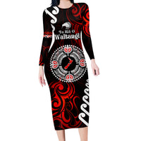 New Zealand Waitangi Day Personalised Long Sleeve Bodycon Dress Aotearoa Te Ra O Waitangi With Maori Tattoo LT9 Long Dress Red - Polynesian Pride