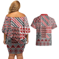 Aotearoa Kowhaiwhai Taniko Patchwork Motifs Couples Matching Off Shoulder Short Dress and Hawaiian Shirt LT9 - Polynesian Pride