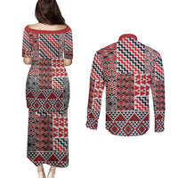 Aotearoa Kowhaiwhai Taniko Patchwork Motifs Couples Matching Puletasi and Long Sleeve Button Shirt LT9 - Polynesian Pride