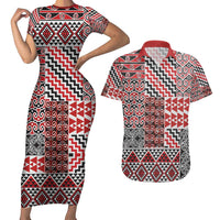 Aotearoa Kowhaiwhai Taniko Patchwork Motifs Couples Matching Short Sleeve Bodycon Dress and Hawaiian Shirt LT9 Red - Polynesian Pride