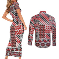 Aotearoa Kowhaiwhai Taniko Patchwork Motifs Couples Matching Short Sleeve Bodycon Dress and Long Sleeve Button Shirt LT9 - Polynesian Pride