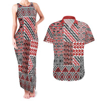 Aotearoa Kowhaiwhai Taniko Patchwork Motifs Couples Matching Tank Maxi Dress and Hawaiian Shirt LT9 Red - Polynesian Pride