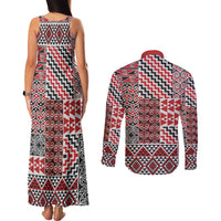 Aotearoa Kowhaiwhai Taniko Patchwork Motifs Couples Matching Tank Maxi Dress and Long Sleeve Button Shirt LT9 - Polynesian Pride