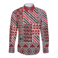 Aotearoa Kowhaiwhai Taniko Patchwork Motifs Long Sleeve Button Shirt LT9 Unisex Red - Polynesian Pride