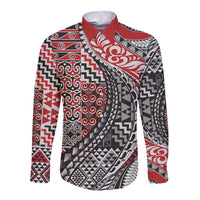 Aotearoa Maori Tribal Tattoo Long Sleeve Button Shirt Kowhaiwhai Taniko Patchwork Motifs LT9 Unisex Red - Polynesian Pride