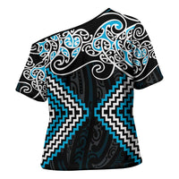Blue Aotearoa Tukutuku Manawa Tapu Cross Shoulder Shirt Ta Moko Toi Maori - Polynesian Pride