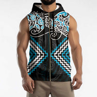 Blue Aotearoa Tukutuku Manawa Tapu Sleeveless Zip Hoodie Ta Moko Toi Maori LT9 - Polynesian Pride