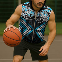 Blue Aotearoa Tukutuku Manawa Tapu Sleeveless Zip Hoodie Ta Moko Toi Maori LT9 - Polynesian Pride
