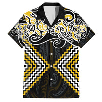 Gold Aotearoa Tukutuku Manawa Tapu Family Matching Off The Shoulder Long Sleeve Dress and Hawaiian Shirt Ta Moko Toi Maori