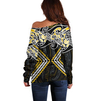 Gold Aotearoa Tukutuku Manawa Tapu Off Shoulder Sweater Ta Moko Toi Maori