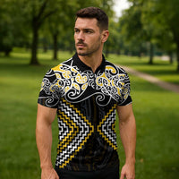 Gold Aotearoa Tukutuku Manawa Tapu Zipper Polo Shirt Ta Moko Toi Maori - Polynesian Pride