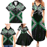 Green Aotearoa Tukutuku Manawa Tapu Family Matching Summer Maxi Dress and Hawaiian Shirt Ta Moko Toi Maori