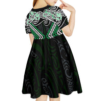 Green Aotearoa Tukutuku Manawa Tapu Kid Short Sleeve Dress Ta Moko Toi Maori