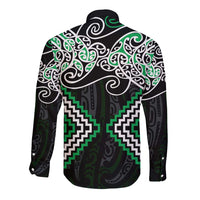 Green Aotearoa Tukutuku Manawa Tapu Long Sleeve Button Shirt Ta Moko Toi Maori LT9 - Polynesian Pride