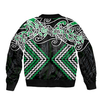 Green Aotearoa Tukutuku Manawa Tapu Sleeve Zip Bomber Jacket Ta Moko Toi Maori