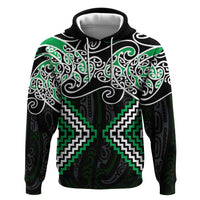 Green Aotearoa Tukutuku Manawa Tapu Zip Hoodie Ta Moko Toi Maori