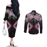 Pink Aotearoa Tukutuku Manawa Tapu Couples Matching Off The Shoulder Long Sleeve Dress and Long Sleeve Button Shirt Ta Moko Toi Maori